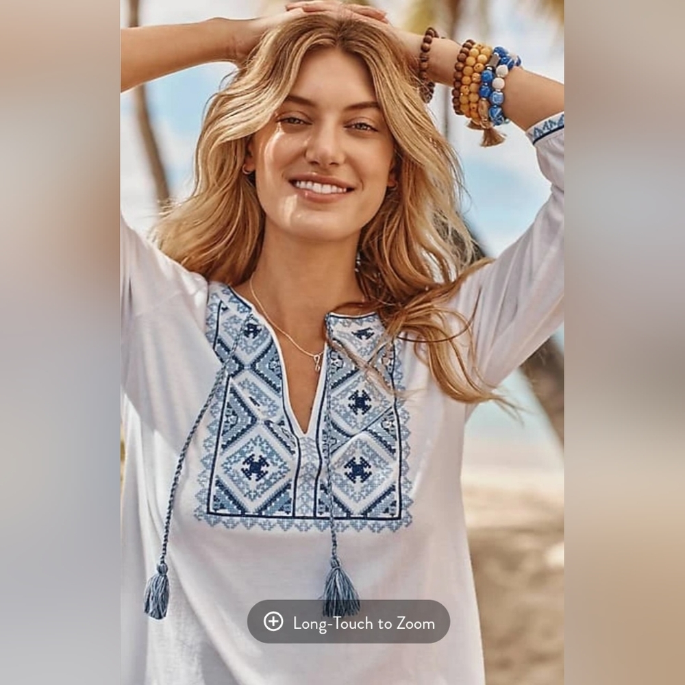 J.JILL EMBROIDERED KNIT PEASANT TOP IN WHITE MULTI - S Tall Size